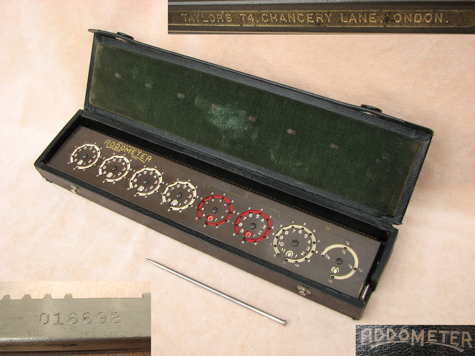 1950's ADDOMETER sterling calculator retailed by Taylors Chancery Lane, London